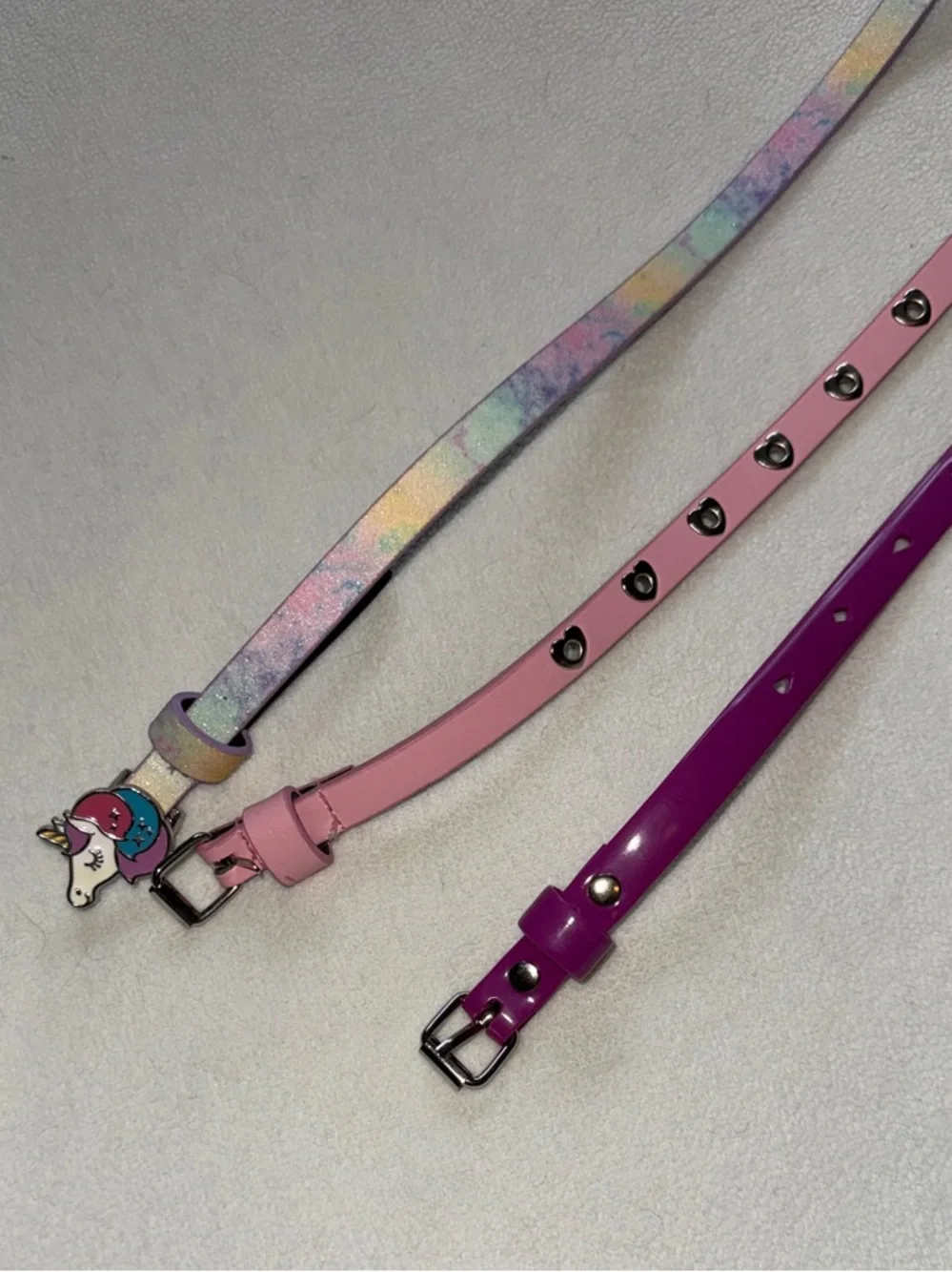 Set of 3 Girls' Unicorn and Studded Belts - Pastel Rainbow, Light Pink, Magenta